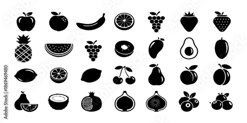 All fruit icons collection black silhouette food symbols isolated sets