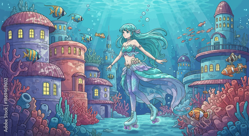 Enchanting Mermaid in Underwater City A Whimsical Aquatic Adventure.