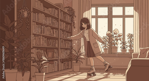 Girl Dancing in a Cozy Room with Bookshelves and Sunlight.