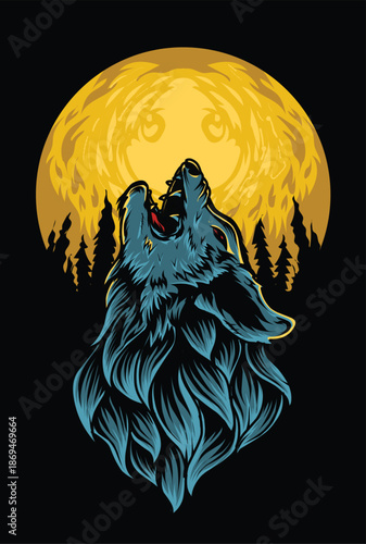 illustration vector wolf roaring on the moon with t shirt design