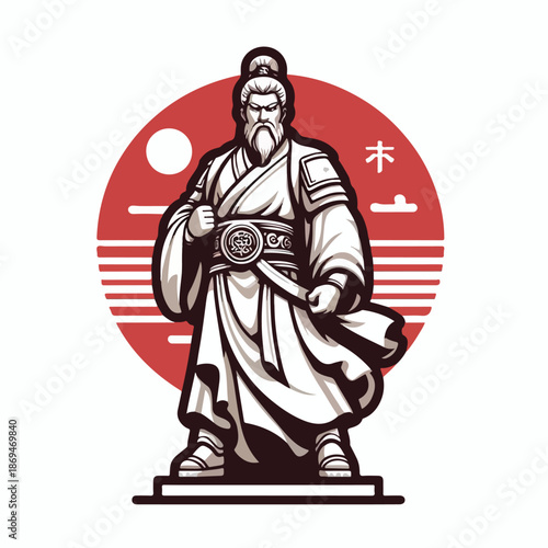 Single object flat vector illustration featuring the Guan Yu statue in China in a heroic position