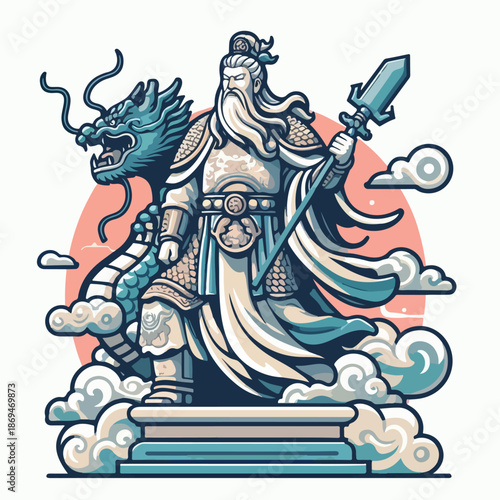flat vector depiction of a Guan Yu statue in China, shown in a heroic posture