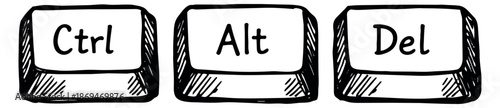 Hand drawn line art computer command keys set featuring Ctrl, Alt, and Del buttons for digital interface design