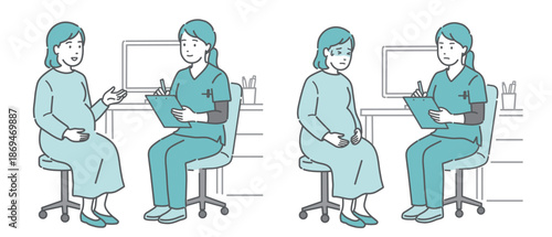 問診と体調不良の妊婦セット（女性医師・助産師・スクラブ）