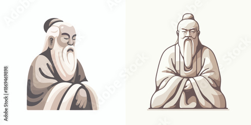 Vector set of Confucius statue in China, flat vector illustration, calm posture, soft neutral colors,