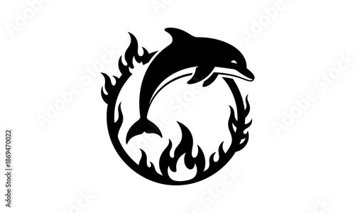 Dynamic monochrome emblem featuring a sleek dolphin powerfully leaping through a vibrant ring of flames, symbolizing energy, freedom, and overcoming challenges with agility and passion
