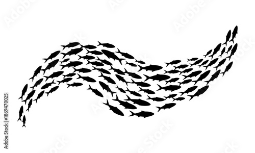 Dynamic silhouette of a large school of small fish swimming together in a synchronized wave formation, symbolizing unity, collective movement, and teamwork in the aquatic environment