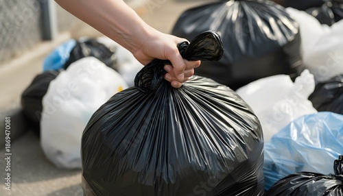 Woman hand holding a black garbage bag being properly disposed with a lot of other bags in the background. Cleanliness and waste management system.