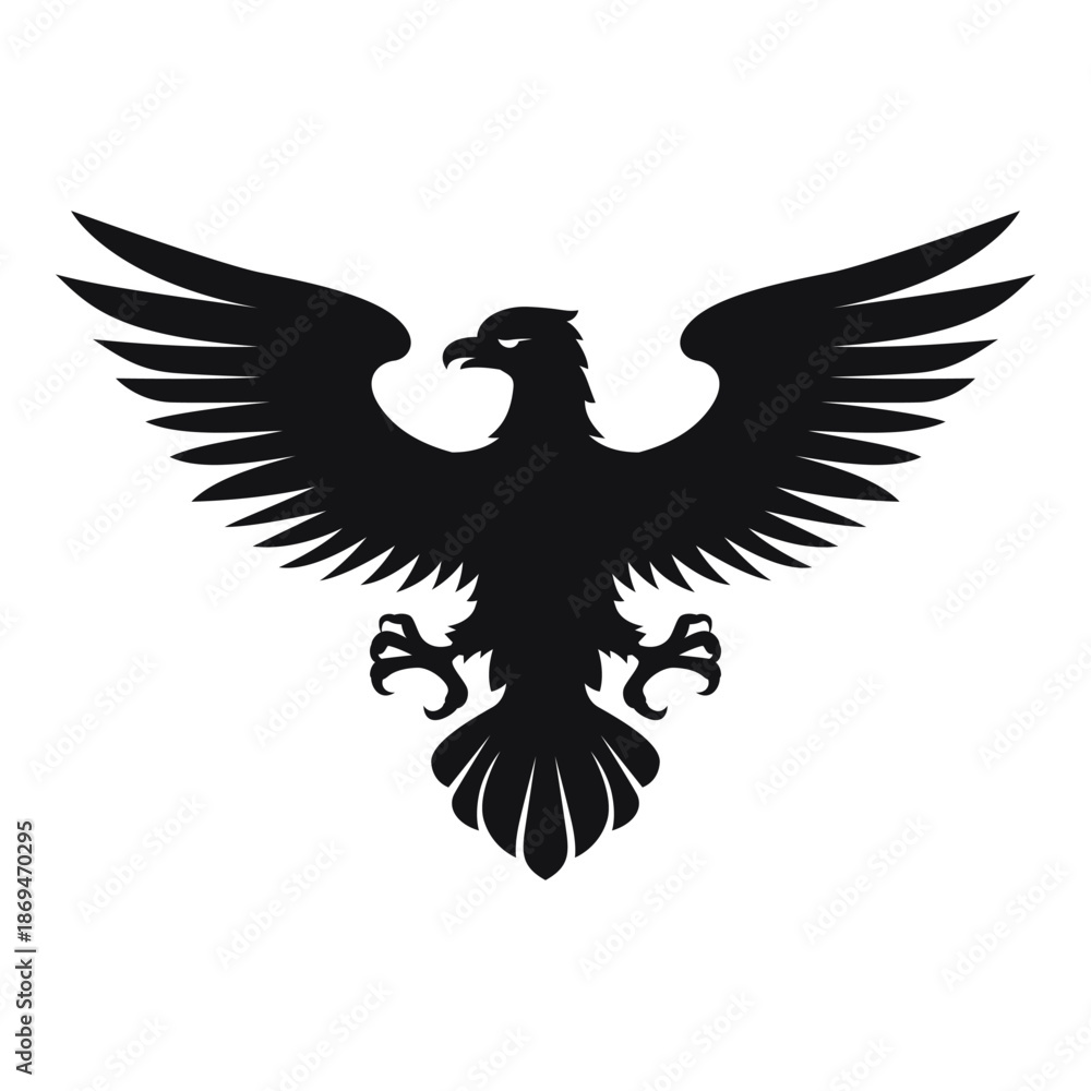 Obraz premium A silhouette of a heraldic eagle with outspread wings. The eagle is intended for use as emblems, logos, or decorative purposes in various contexts.
