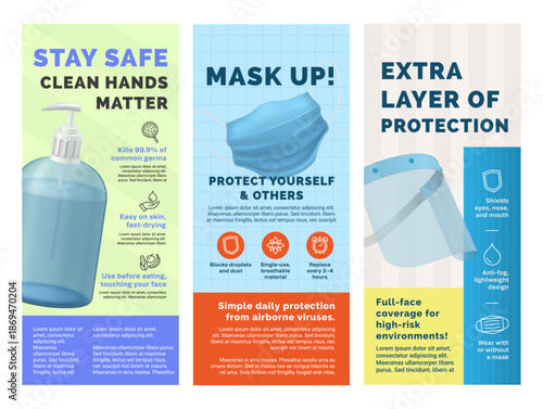 Posters about the benefits of protecting against germs and viruses through safety measures and maintaining hygiene in everyday life.