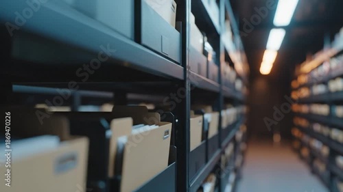 Organized archive shelves filled with files and documents in a dimly lit storage room, ready for retrieval and management