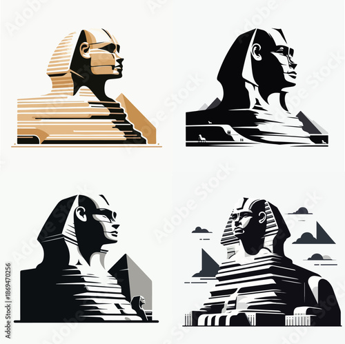 Vector set of Great Sphinx of Giza, flat vector illustration, strong silhouette, sandy beige color palette, white background