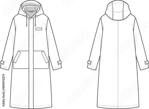 Hooded long coat technical fashion flat sketch, front back view parka jacket design template isolated