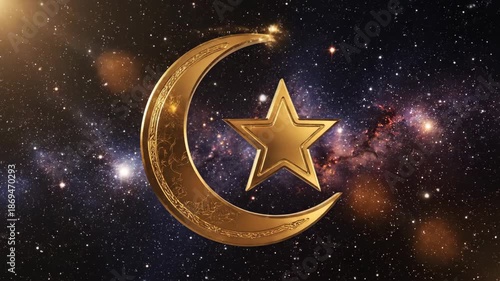 Golden Crescent Moon and Star Symbol in Space.