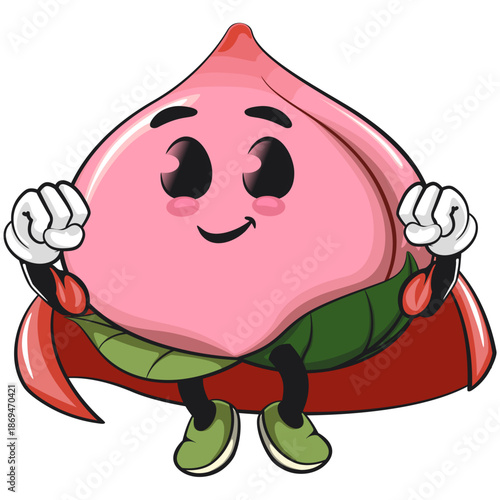 kawaii peach fruit cartoon character mascot illustration as flying superhero wearing a robe, work of hand drawn