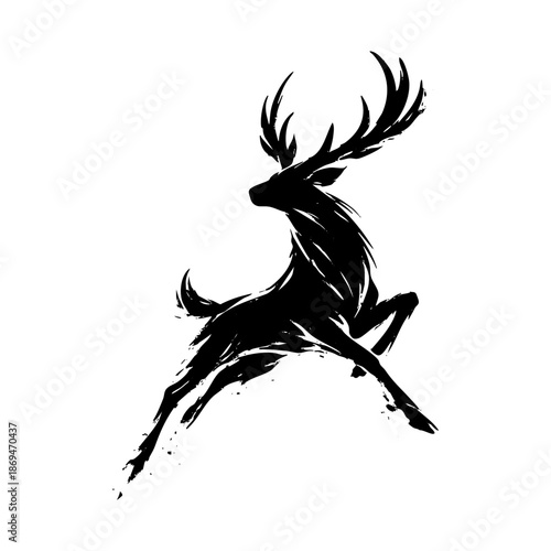 Black Silhouette of a Jumping Deer with Antlers.