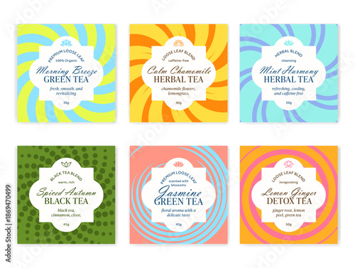 Vector design of various tea labels featuring different types including green tea, herbal tea, and black tea in simple layouts