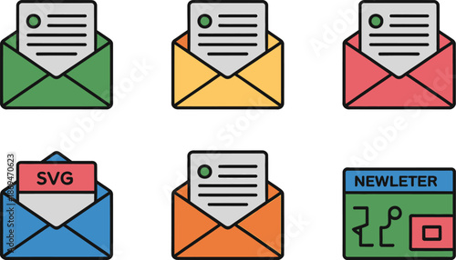Six colorful email with paper and envelopes letter