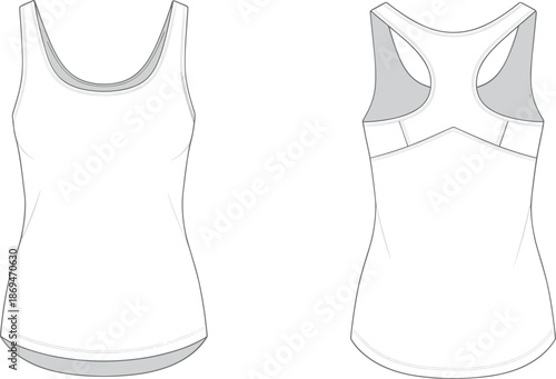 Women racerback tank top technical fashion illustration with front and back views sleeveless athletic activewear design isolated on white background