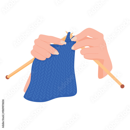 An illustration of two female hands knitting a blue cloth with wooden knitting needles on a plain white background