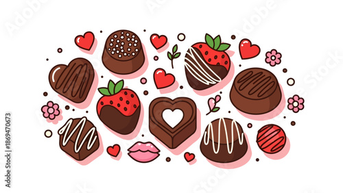 Assorted chocolate treats and strawberries arranged in a decorative pattern surrounded by hearts and flowers on a white background