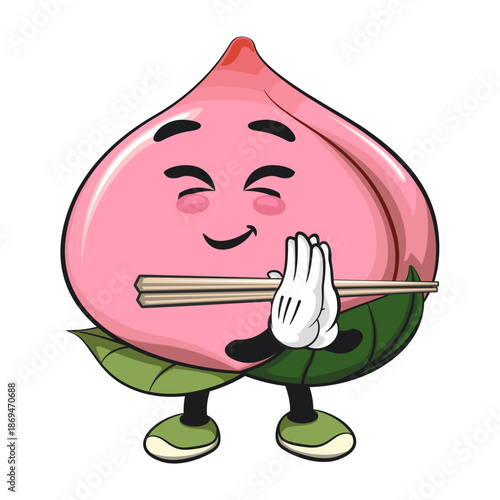 kawaii peach fruit cartoon character mascot illustration pray prepare to eat with chopsticks, work of hand drawn