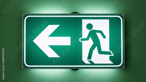 Illuminated green emergency exit sign with white arrow and running man icon on dark green wall