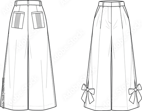 Women wide leg pants technical fashion illustration with front and back views bow tie hem detail flat apparel design isolated on white background