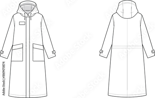 Womens hooded long coat technical fashion flat sketch, front back view winter parka outerwear design