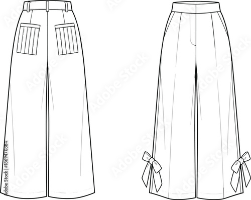 Women wide leg trousers technical fashion illustration with front and back views bow accent hem flat apparel design isolated on white background