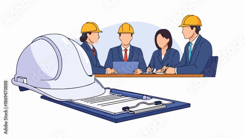 Professionals in hard hats attend a meeting, with a clipboard and helmet in foreground