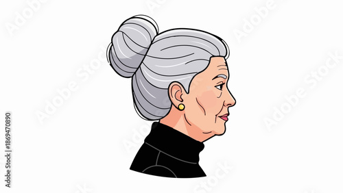 Profile of an elderly woman with grey hair in a bun and a black turtleneck