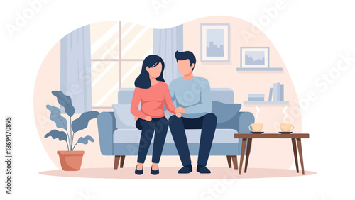 Couple sitting together on a couch in a cozy living room with a plant nearby