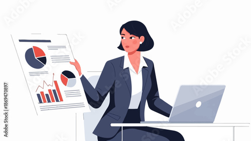 Professional woman in suit analyzing charts and graphs on a document with laptop