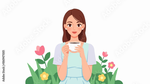 Pleasant woman holding cup of coffee amidst fresh flora