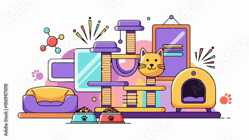 Playful cartoon cat furniture with food bowls, scratching post, bed, and mirror