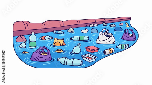 Plastic waste floats in polluted blue water next to a red-lined embankment