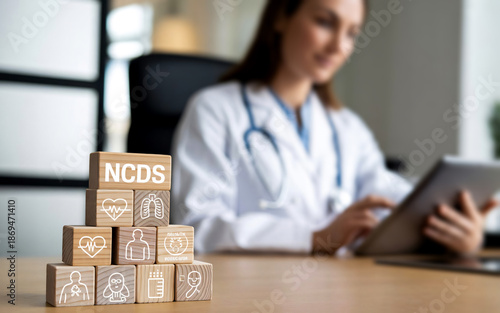 Non Communicable Diseases NCDs Medical Concept with Doctor and Wooden Blocks