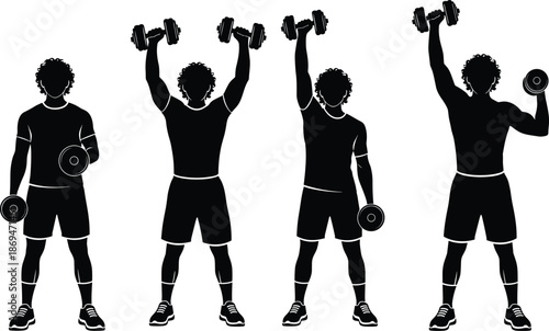 Dumbbell exercise silhouette set, fitness workout poses, strength training icons, black vector illustration, minimal gym design, healthy lifestyle concept