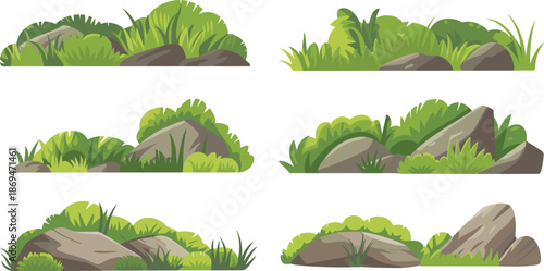 Green Bushes And Rocks Illustration, natural grass shrubs stone elements, flat vector landscape assets for game environment nature design