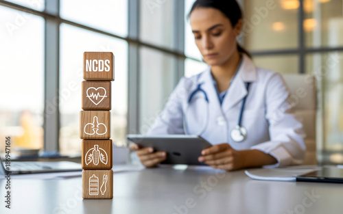 Non Communicable Diseases NCDs Medical Concept with Doctor and Wooden Blocks