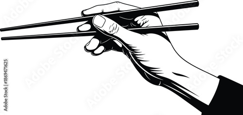 Hand holding chopsticks vector illustration, proper chopstick grip, Asian dining etiquette, black and white sketch, food culture, traditional eating tool