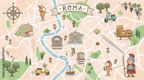 Exploring iconic landmarks in rome illustrated map cultural highlights vibrant environment playful concept