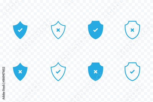 Tick shield icon set showing checkmark and protection symbols, security and verification vector signs for safety, privacy and trusted system concepts Set of Security Shield Icons Vector for Protection