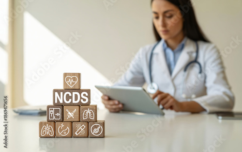 Non Communicable Diseases NCDs Medical Concept with Doctor and Wooden Blocks