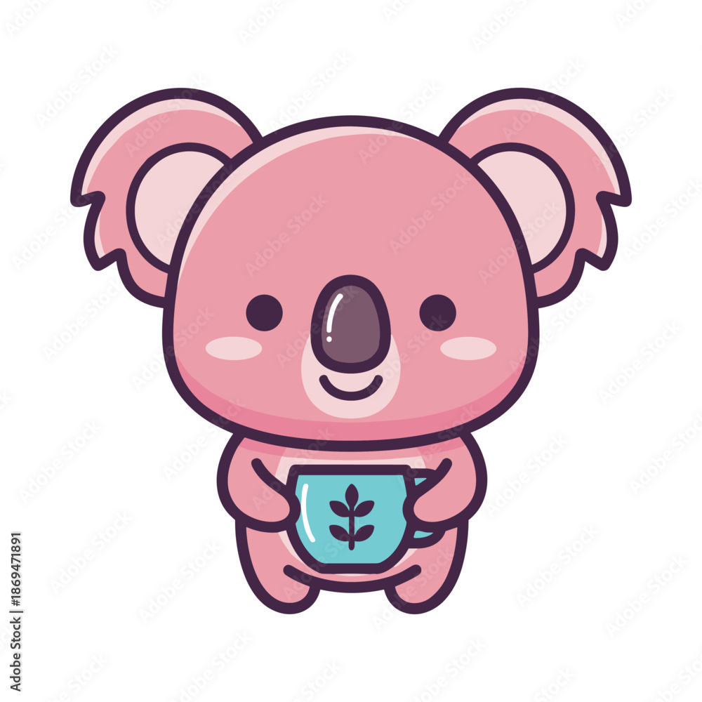 Fototapeta premium Adorable Pink Koala Cartoon Character Holding a Plant