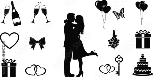 Romantic couple silhouette, love celebration icons, wedding party elements, champagne, gifts, hearts, balloons, black vector illustration, minimal style, festive design