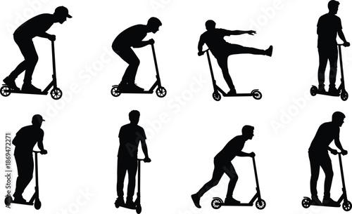 Scooter Rider Silhouettes Set, urban kick scooter tricks and poses, flat vector illustration collection isolated on white background action sport concept