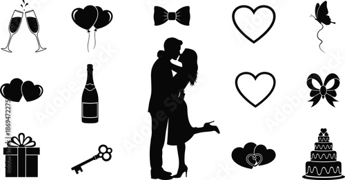 Romantic couple silhouette, love celebration icons, wedding party elements, champagne glasses, hearts, balloons, gift box, black vector illustration, minimal festive design
