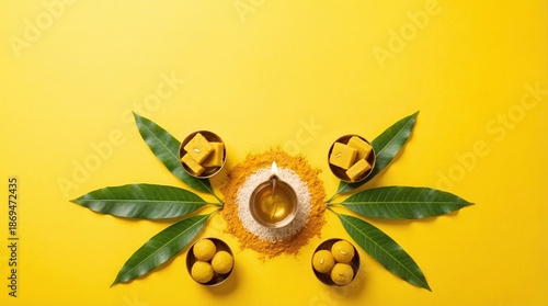 Vibrant Diwali celebration setup with traditional sweets and lit diya lamp